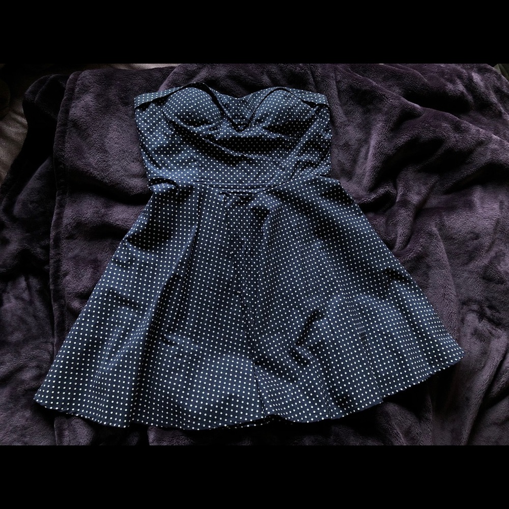 Emerald Sundae navy blue and white polka dot dress